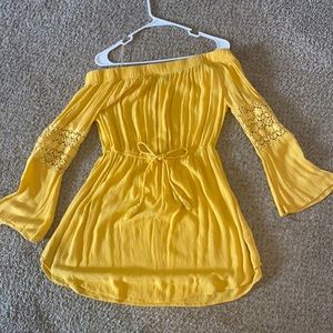 Mustard yellow off the shoulder midi dress